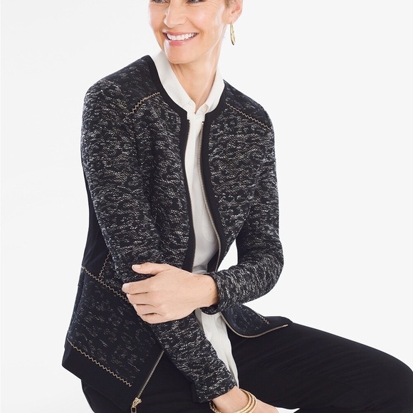 Chico's Womens Black Pieced Jacquard Jacket Size 2 (L/12) - Picture 1 of 11